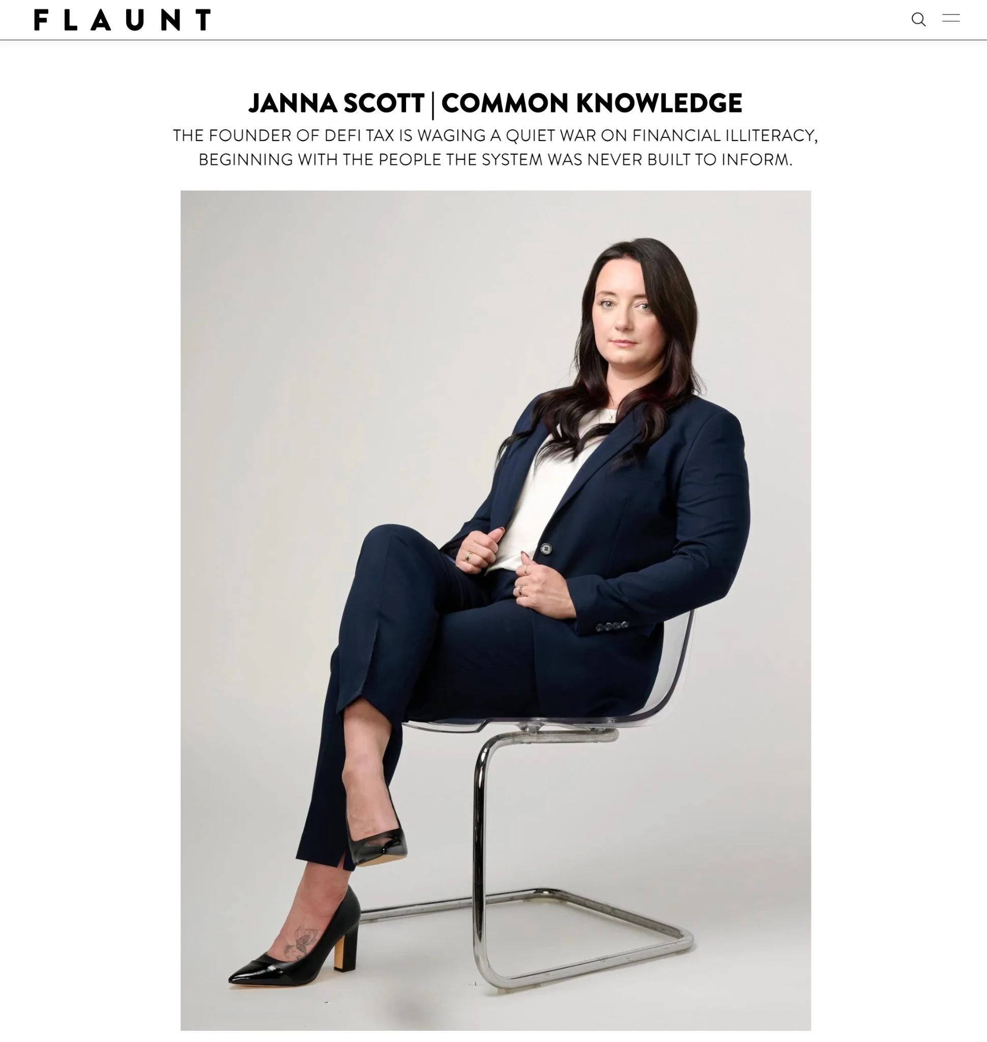 Screenshot of Flaunt’s Janna Scott | Common Knowledge article, showing the magazine heading, financial-literacy introduction and accompanying portrait.